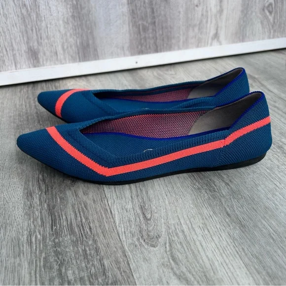 Rothys The Point Flats Shoes Womens 6.5 Teal Blue & Orange Stripe CLEAN washable - Picture 3 of 7